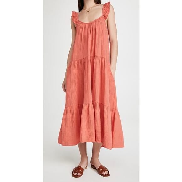 Xirena Rumer Scoop Neck Flutter Sleeve Gauze Tiered Midi Dress in Paprika - Picture 3 of 14